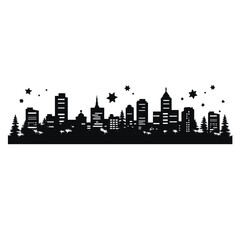 Naklejka premium Black silhouette of a city skyline with stars and trees