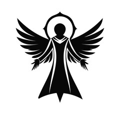 "Angelic Silhouette Icon – Stylized Black and White Illustration of Winged Figure with Halo and Robes – Representing Divinity, Protection, Spirituality, and Grace – Symmetrical Vector for UI/UX, Memor