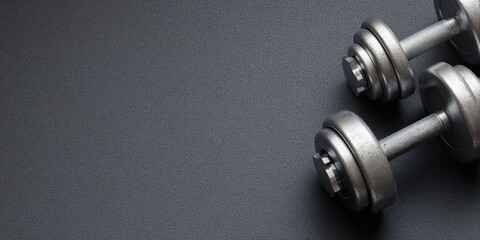 Two metallic dumbbells on dark gray surface