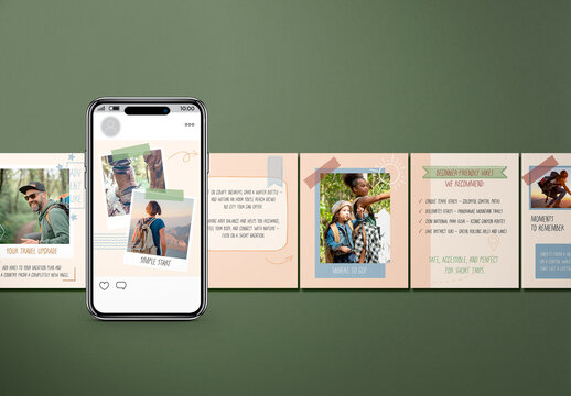 Instagram carousel template for travel and hiking, 8 customizable post layouts for tourism, hiking adventures, tour guides and agencies to share routes, tips and destination stories