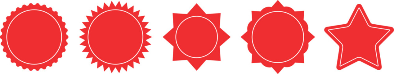 Collection of five red emblems seals and stars showing quality approval certification or awards Set of red starburst, Price sticker, sale sticker, price tag, starburst, quality mark, 