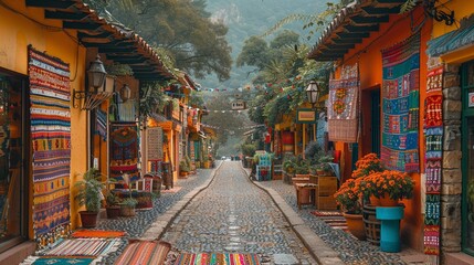 Fototapeta premium Charming Cobblestone Street Lined with Colorful Shops and Market Stalls