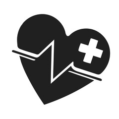"Heart Health Icon – Black Silhouette with White Medical Cross and ECG Line – Representing Cardiology, Emergency Care, and Wellness Monitoring – Minimalist Vector for Healthcare UI/UX, Medical Brandin