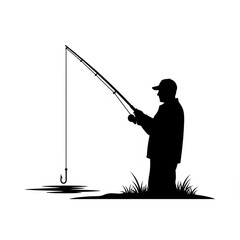Silhouette of a man fishing with a rod and reel by the water
