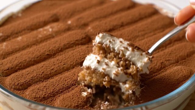 Homemade Tiramisu Cake - A close-up shot shows a delicious homemade tiramisu cake, dusted with cocoa powder.