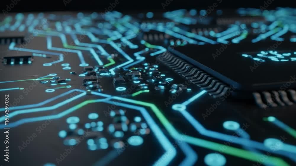 Poster futuristic illuminated circuit board - close-up view of a circuit board with glowing blue and green 