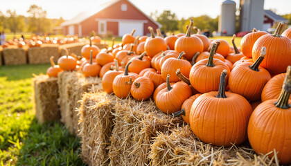 Hay bales stacked with vibrant pumpkins at a farm in autumn  