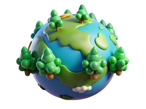 Cartoon earth globe with green trees symbolizing environmental conservation and sustainability on 3d illustration isolated on transparent background