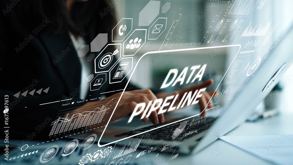Poster business professional working on a laptop with data pipeline concepts and digital interface graphics