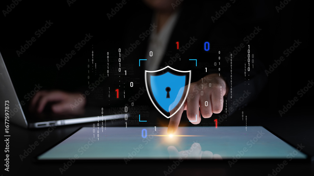 Poster cyber security protects against breaches, hacks, and network attacks using strong infrastructure and
