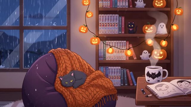 Cozy Anime Halloween Room - Rainy Night - An animated illustration of a cozy Halloween-themed room on a rainy night.