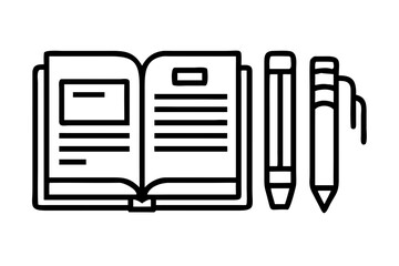 Illustration of open book with pen and pencil