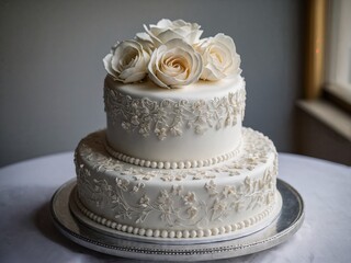 Fototapeta premium Wedding Cake with Fondant and Decorations on a Wedding 