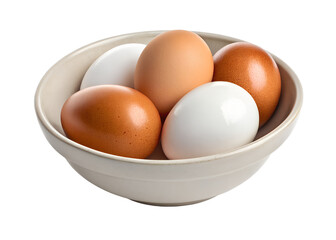 Fresh brown farm eggs in a ceramic bowl, isolated on white background, photorealistic.