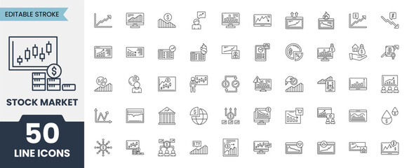 Stock market icon set. Containing bull market, bear market, investment, exchange, growth, stocks, profits, trading and more. Editable stroke. Vector illustration