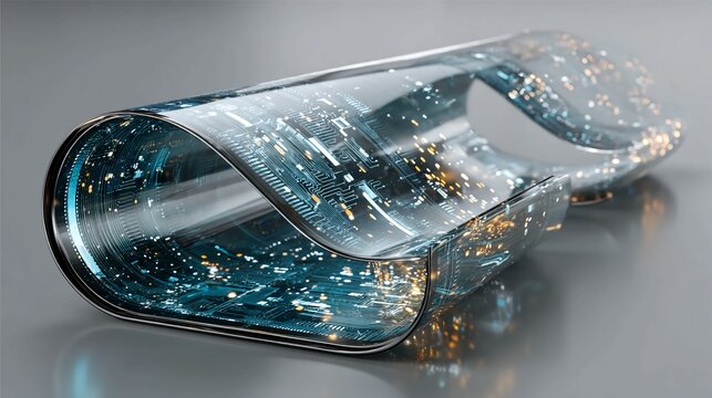 Conceptual flexible display roll with digital screen surface unfurled partially showing future portable screen tech in unpowered state