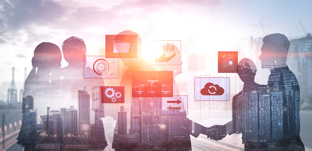 Poster digital business infrastructure with data system, analytics, sync. system management improves access