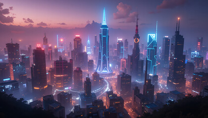 Night city skyline with glowing neon lights, futuristic cyberpunk aesthetic.
