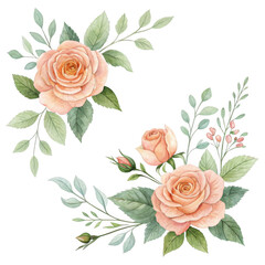 Elegant peachy roses and green leaves arrangement floral design for decorative projects