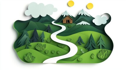 A serene paper cut landscape featuring a winding road, mountains, and a cozy cabin under a bright sky.