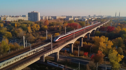 Obraz premium A sleek high-speed train glides smoothly along elevated tracks in a bustling city. Vibrant autumn foliage contrasts with modern buildings under a bright sky, showcasing advanced transportation