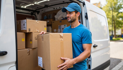 Delivery man carrying boxes out of van in urban environment