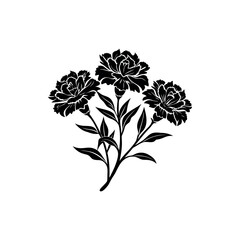 Elegant monochrome flower arrangement with three blossoms, stems and leaves on white Silhouette Vector 