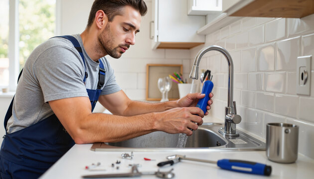 Man repairing kitchen sink faucet with tools in a modern home  