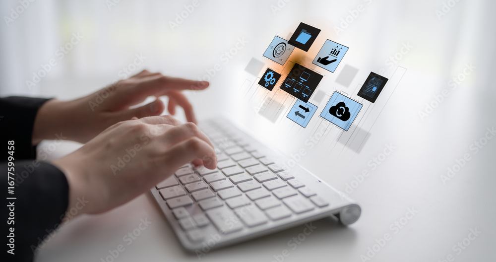 Poster digital business infrastructure with data system, analytics, sync. system management improves access
