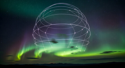 A glowing spherical grid is superimposed on the vibrant aurora borealis symbolizing the scientific study of Earth's magnetic field and atmospheric phenomena.