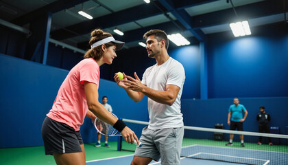 Tennis coach instructing female player at indoor court  