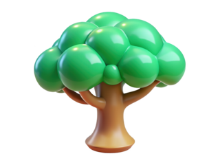 Stylized cartoon tree with green foliage and brown trunk on background 3d illustration isolated on transparent background
