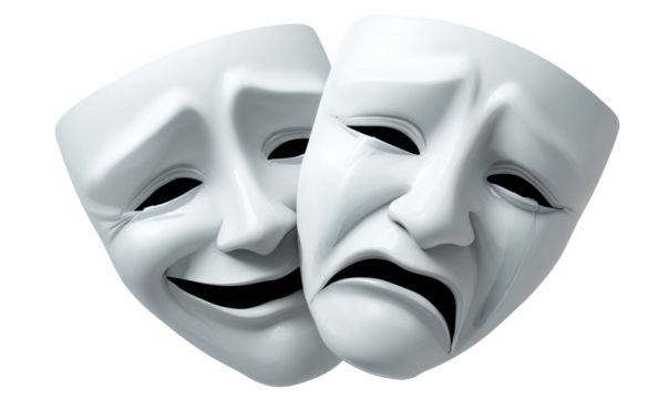 Two theatrical masks, one happy, one sad, juxtaposed