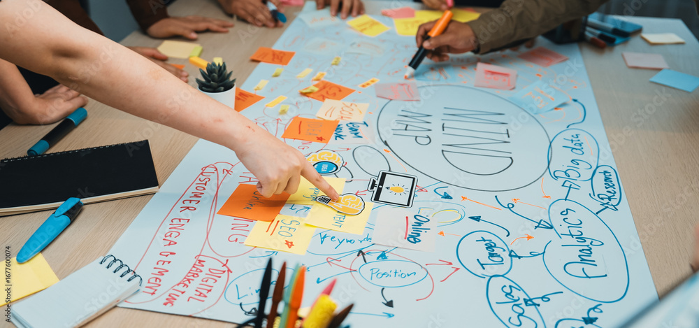 Aufkleber a dynamic group collaborates on a mind map using colorful sticky notes in a bright office setting, f