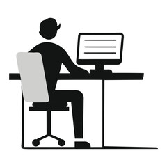 "Workstation Icon – Stylized Black and White Silhouette of Person at Desk Using Computer – Representing Remote Work, Digital Productivity, and Modern Office Culture – Minimalist Vector for UI/UX, Educ