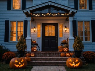 Obraz premium Spooky Halloween House at Night Decorated with Glowing Carved Jack-o'-Lanterns and Festive Outdoor Decorations