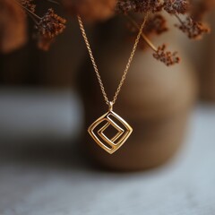 Elegant Gold Pendant with Interlocking Shapes Showcasing Unique Design and Craftsmanship, Perfectly Accentuated by Soft Natural Background Elements