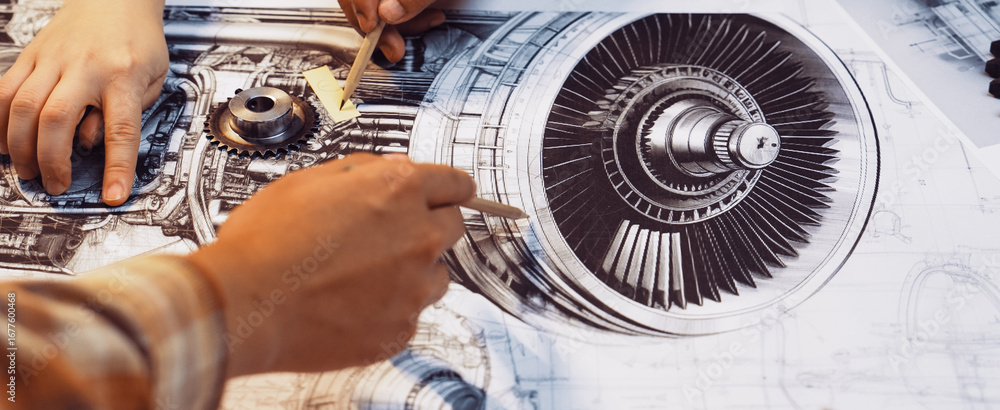 Aufkleber A close-up view of hands analyzing detailed technical drawings of a jet engine, with focus on components and teamwork in an aviation design environment. SACTR