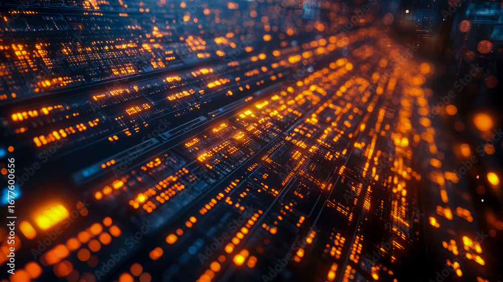 Poster vibrant abstract representation of digital data moving through high-tech network, with glowing orang