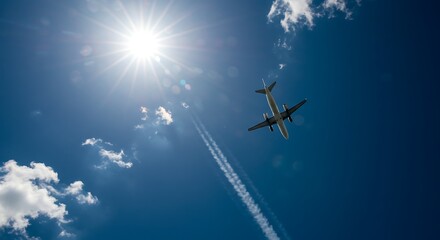 Airplane flying high on a sunny day creating a vapor trail across a clear blue sky