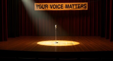 Vintage microphone on stage under spotlight with banner proclaiming "Your Voice Matters"