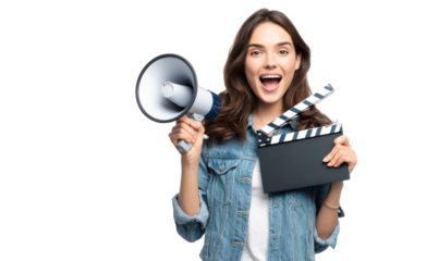 Excited woman holding megaphone and clapperboard