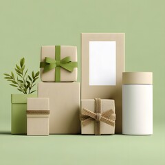Festive gift boxes and a cylindrical container arranged on a pale green background