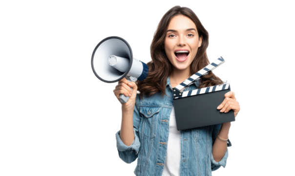 Excited woman holding megaphone and clapperboard - Powered by Adobe