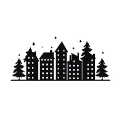 Fototapeta premium Charming silhouette of a snowy village with evergreen trees