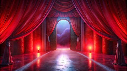 Fototapeta premium Elegant Red Curtain and Candlelit Interior with Dramatic Glow