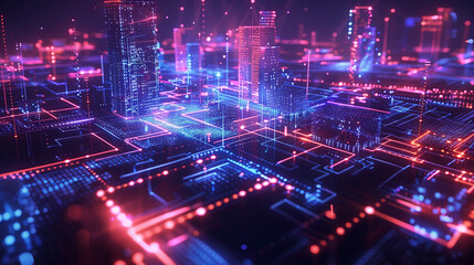 Fototapeta premium A captivating drone view showcases a futuristic city where skyscrapers glitter with holographic displays and interconnected digital pathways. The colorful lights create an enchanting urban landscape