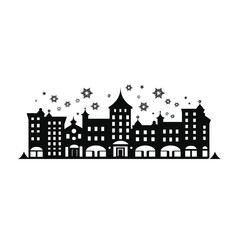 Charming silhouette of a historic cityscape with falling snowflakes