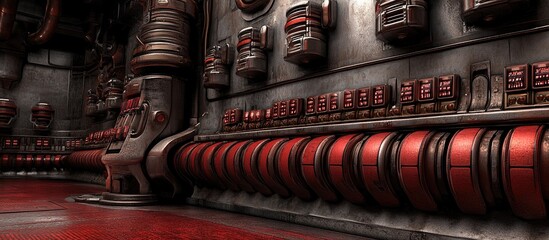 Steampunk Control Room: Intricate Machinery with Red Accents and Industrial Aesthetic