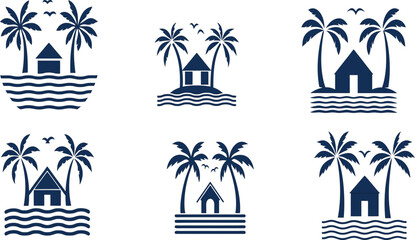 Obraz premium Flat palm tree hut with birds vector silhouettes set, perfect for summer beach posters, tropical travel ads, resort branding, and holiday design projects.